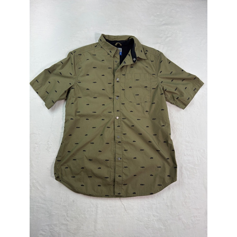 LA Police Gear Mens Small Green Tank Bomb Print Short Sleeve Snap Button Shirt
